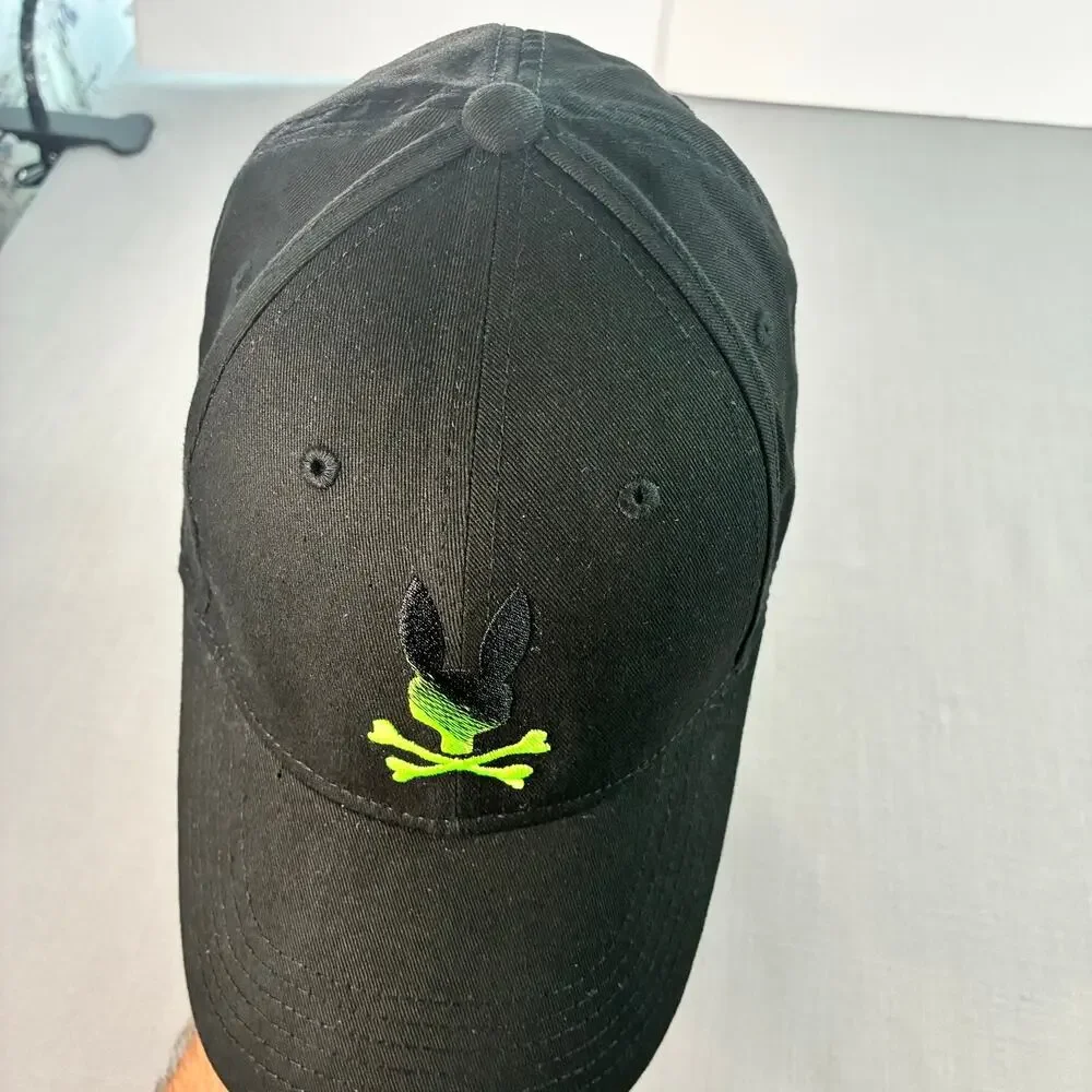 Psycho Bunny Skull & Crossbones Bunny Logo Hat Black Adjustable Cap
